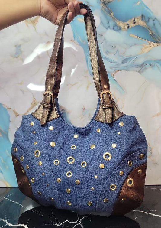 Cartera de Hombro de Tela Jeans Correas Dorada