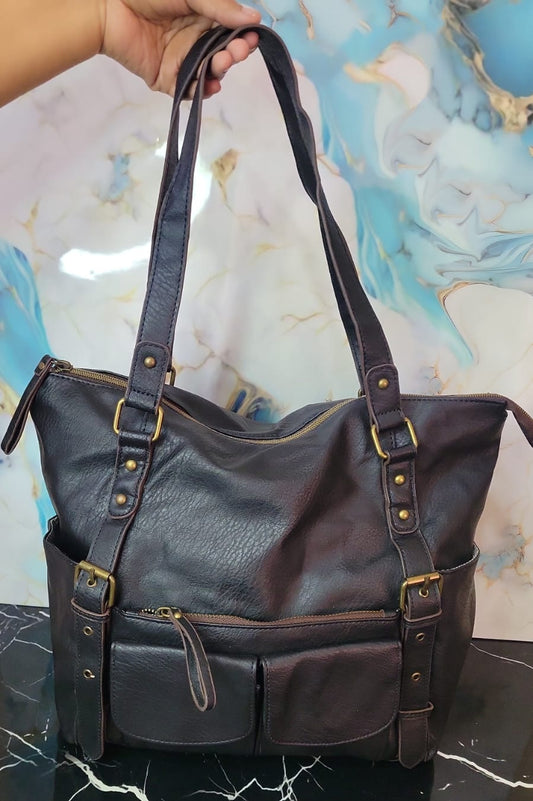 Bolso de Hombro con Múltiples Bolsillos y Hebillas en Tono Oscuro